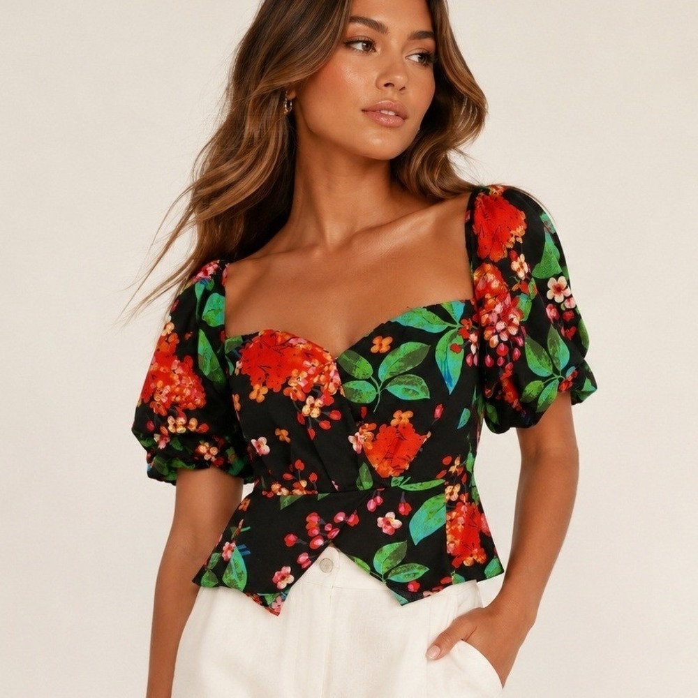 Lulumari Womens Floral Puff Sleeve Peplum Top Small Black Red Green Summer Boho